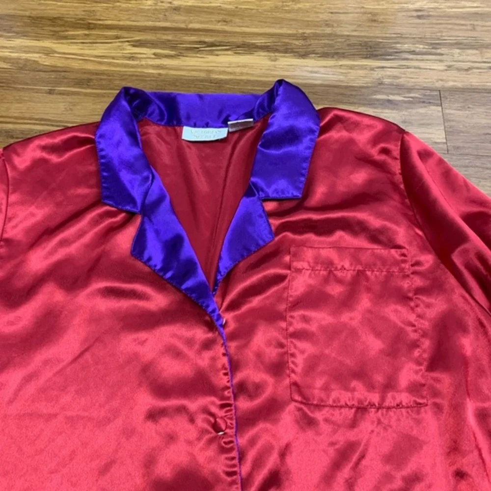 Vintage Victorias Secret Nightgown‎ Shirt Womens Large Red Purple Satin Button